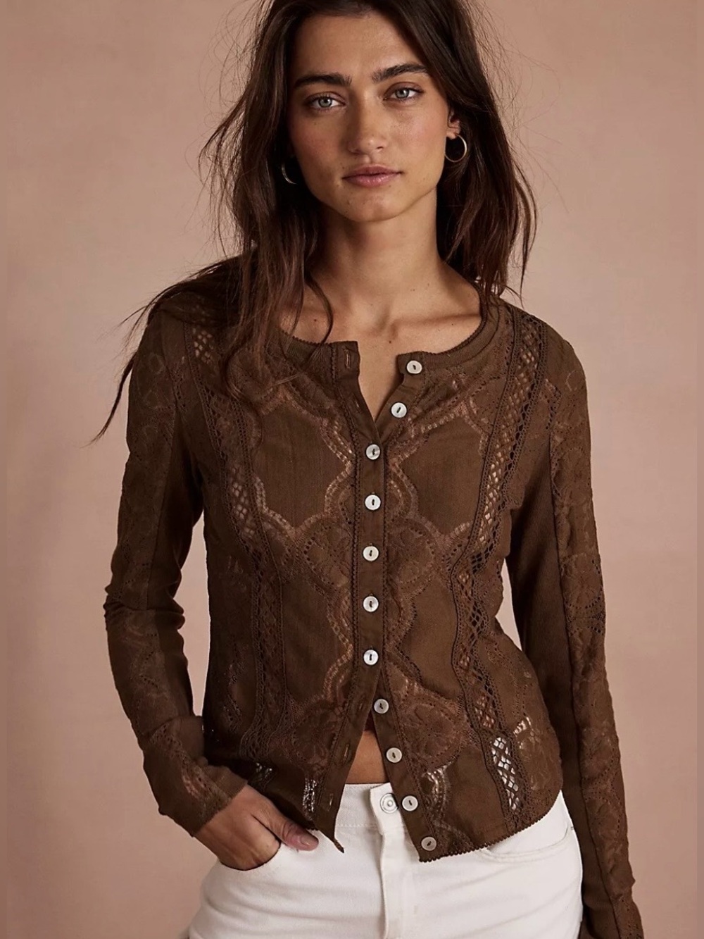 Free People Jae Knit Top Lace-Trim Button Cardigan